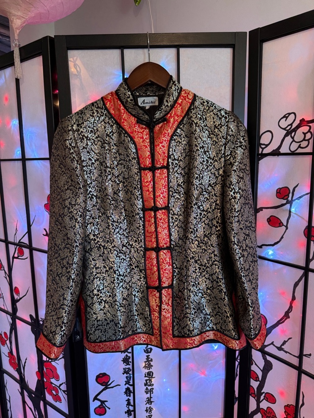 Amitie Gold Metallic Brocade Satin Feel Jacket with Red Trim-Vintage